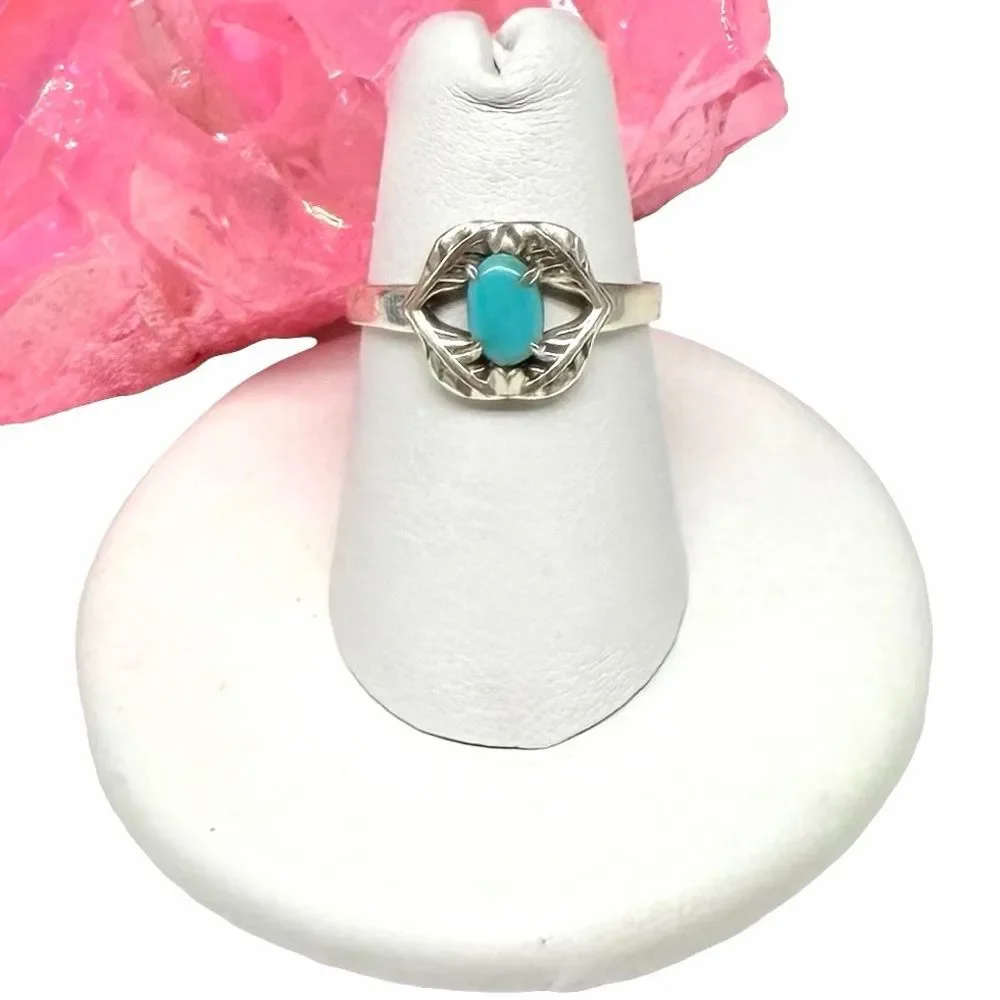 Kingman Turquoise Ring Size 6 Solid 925 Sterling Silver Dainty Etched Leaves
